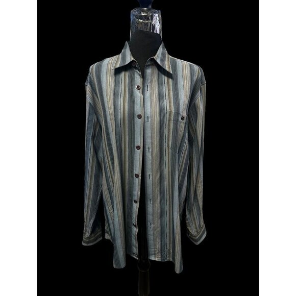 Tommy Bahama Mens Striped Long-Sleeve Button-Down Shirt 100% Silk Blue Beige - Picture 2 of 5